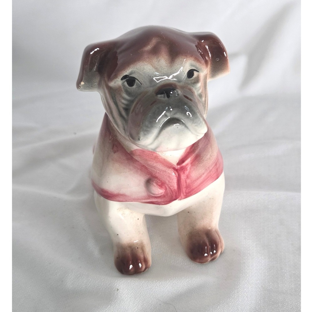 Vintage Ceramic English Bulldog Figurine in Pink Sweater Glossy Hand Painted 4"